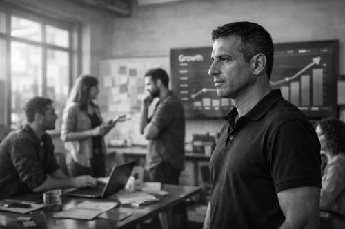In a modern office bustling with energy in black and white image not looking to the camera along side his team a serious Israeli business consultant i-1 In a modern office bustling with energy in black and white image not looking to the camera along side his team a serious Israeli business consultant i-1