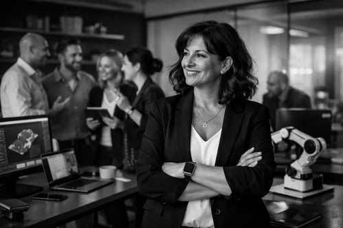 In a striking black and white photograph not looking into the camera women over 38 years old  a joyful women Israeli business owner stands confidently